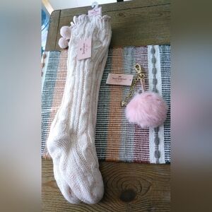Juicy Couture Rare Pink/Cream Cable Knit Long Socks with Pink Pom-Pom Keychain